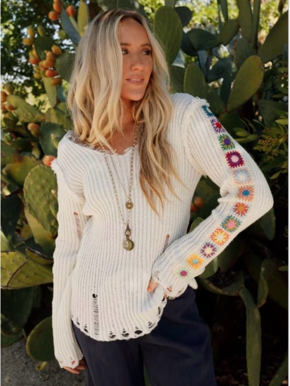 NWOT Three Bird Nest Earth Angel Distressed Sweater /Colorful Crochet Sleeve